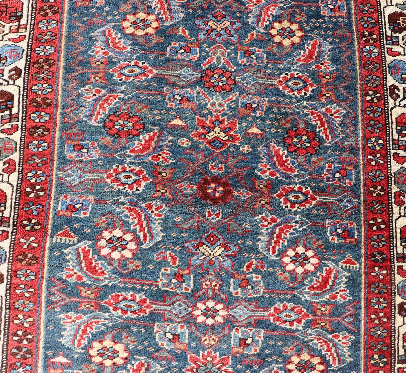 Antique Persian Bidjar Rug with Large Herati Motifs in Blue Background, Red, and Ivory. Keivan Woven Arts / rug /EMB - 22215 - 15083, country of origin / type: Iran / Bidjar, circa 1890 Measures: 3'11 x 12' This antique Persian Bidjar wide r... - Keivan Woven ArtsEMB - 22215 - 15083 - 20271