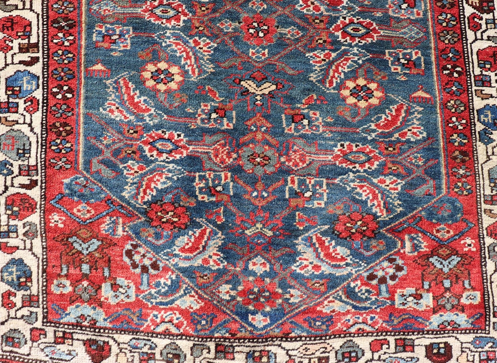 Antique Persian Bidjar Rug with Large Herati Motifs in Blue Background, Red, and Ivory. Keivan Woven Arts / rug /EMB - 22215 - 15083, country of origin / type: Iran / Bidjar, circa 1890 Measures: 3'11 x 12' This antique Persian Bidjar wide r... - Keivan Woven ArtsEMB - 22215 - 15083 - 20271