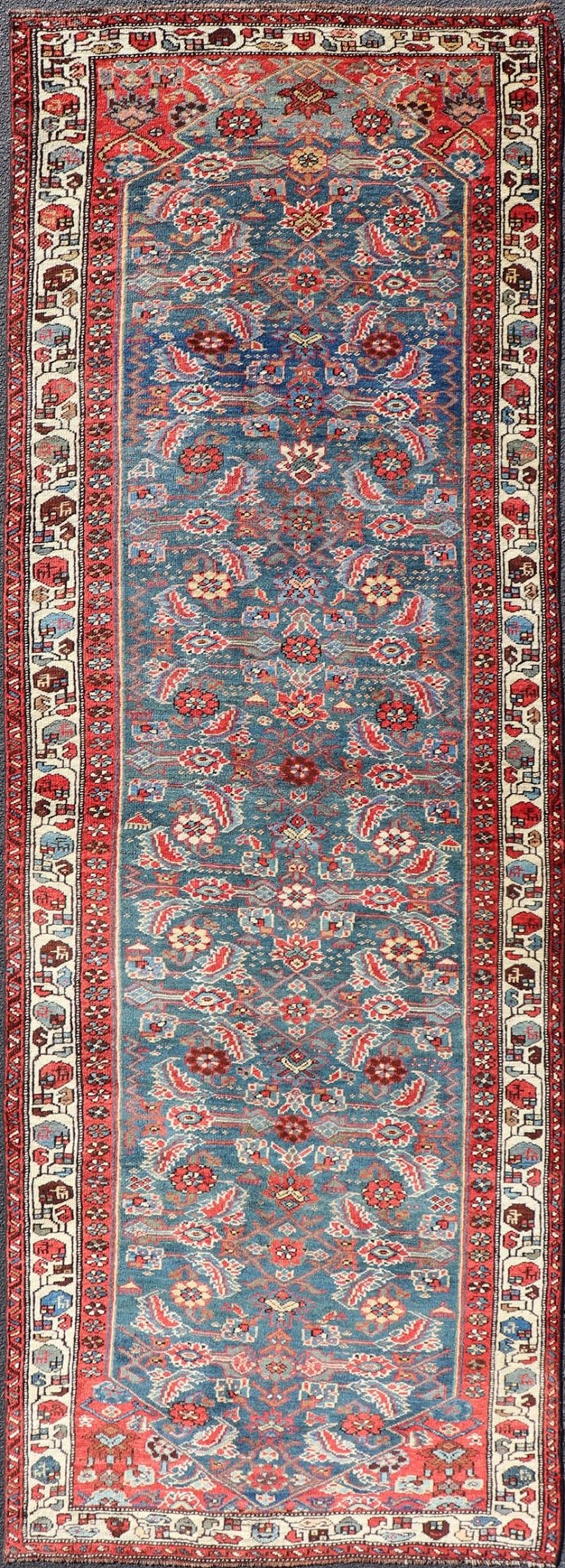 Antique Persian Bidjar Rug with Large Herati Motifs in Blue Background, Red, and Ivory. Keivan Woven Arts / rug /EMB - 22215 - 15083, country of origin / type: Iran / Bidjar, circa 1890 Measures: 3'11 x 12' This antique Persian Bidjar wide r... - Keivan Woven ArtsEMB - 22215 - 15083 - 20271
