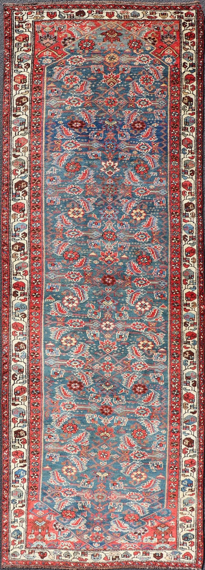 Antique Persian Bidjar Rug with Large Herati Motifs in Blue Background, Red, and Ivory. Keivan Woven Arts / rug /EMB - 22215 - 15083, country of origin / type: Iran / Bidjar, circa 1890 Measures: 3'11 x 12' This antique Persian Bidjar wide r... - Keivan Woven ArtsEMB - 22215 - 15083 - 20271