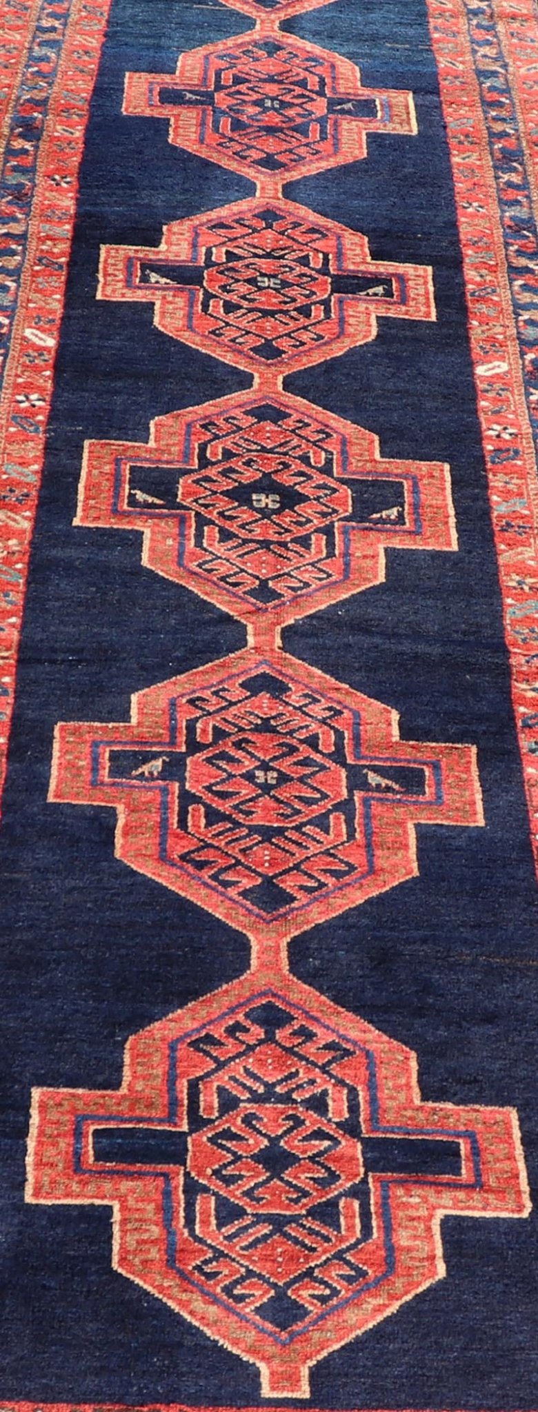 Antique Persian Azerbaijan Runner in Navy Blue Background with Large Medallions. Finely Woven Antique Persian Azerbaijan long runner, from Heriz region, with Large Tribal Medallions. Keivan Woven Arts / rug /EMB - 22219 - 15005, country of origin /... - Keivan Woven ArtsEMB - 22219 - 15005 - 20289