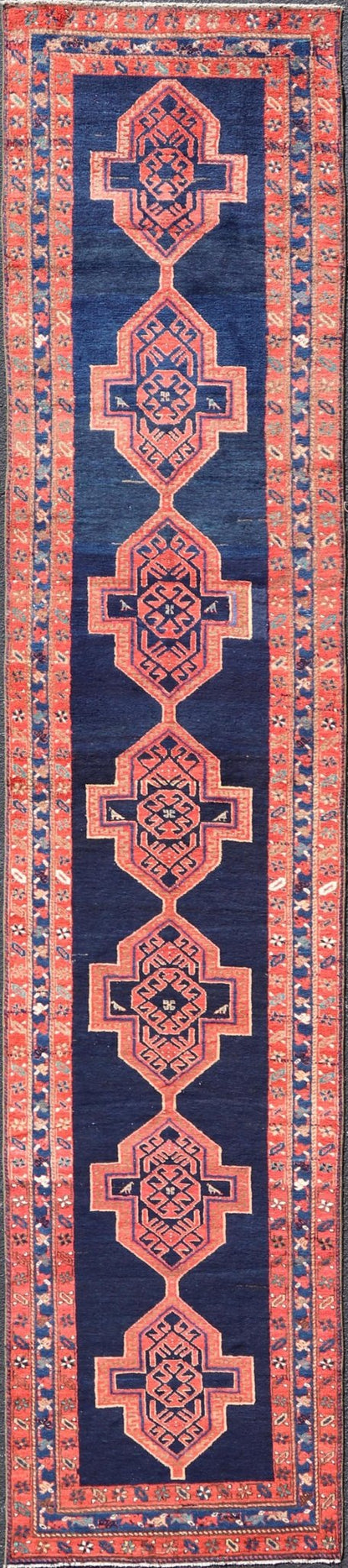 Antique Persian Azerbaijan Runner in Navy Blue Background with Large Medallions. Finely Woven Antique Persian Azerbaijan long runner, from Heriz region, with Large Tribal Medallions. Keivan Woven Arts / rug /EMB - 22219 - 15005, country of origin /... - Keivan Woven ArtsEMB - 22219 - 15005 - 20289Rug