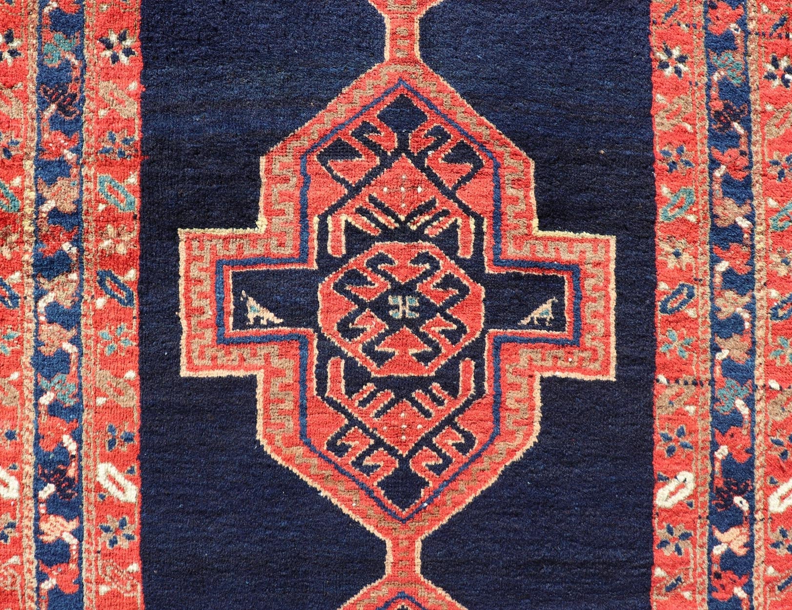Antique Persian Azerbaijan Runner in Navy Blue Background with Large Medallions. Finely Woven Antique Persian Azerbaijan long runner, from Heriz region, with Large Tribal Medallions. Keivan Woven Arts / rug /EMB - 22219 - 15005, country of origin /... - Keivan Woven ArtsEMB - 22219 - 15005 - 20289