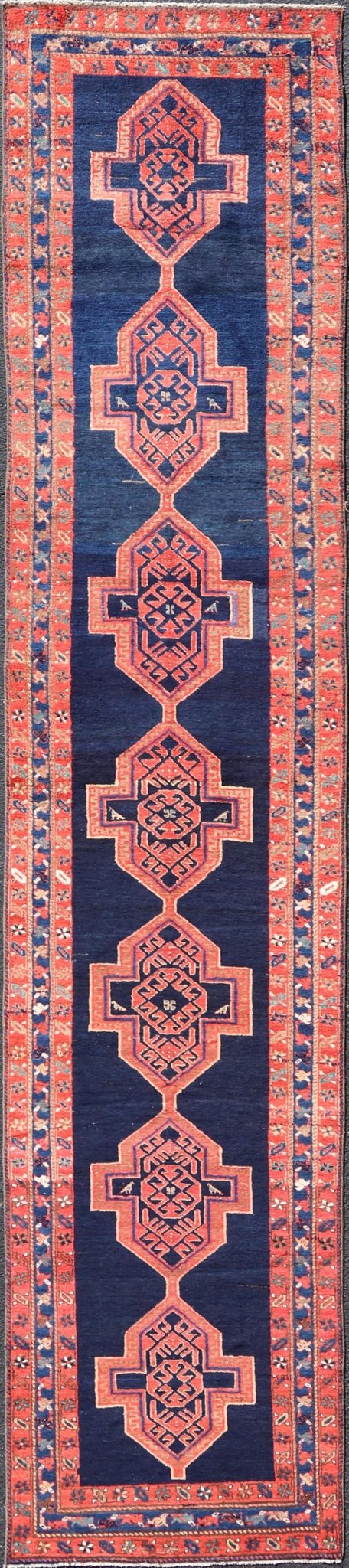 Antique Persian Azerbaijan Runner in Navy Blue Background with Large Medallions. Finely Woven Antique Persian Azerbaijan long runner, from Heriz region, with Large Tribal Medallions. Keivan Woven Arts / rug /EMB - 22219 - 15005, country of origin /... - Keivan Woven ArtsEMB - 22219 - 15005 - 20289