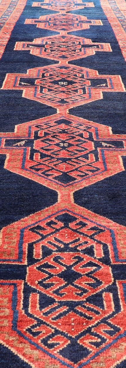 Antique Persian Azerbaijan Runner in Navy Blue Background with Large Medallions. Finely Woven Antique Persian Azerbaijan long runner, from Heriz region, with Large Tribal Medallions. Keivan Woven Arts / rug /EMB - 22219 - 15005, country of origin /... - Keivan Woven ArtsEMB - 22219 - 15005 - 20289