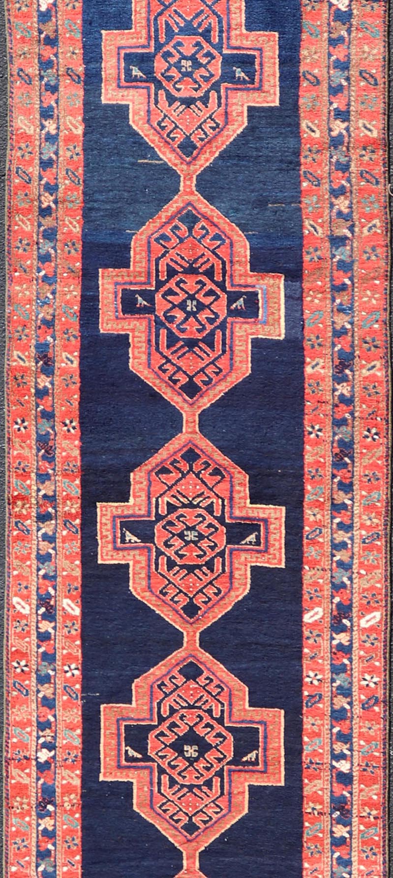 Antique Persian Azerbaijan Runner in Navy Blue Background with Large Medallions. Finely Woven Antique Persian Azerbaijan long runner, from Heriz region, with Large Tribal Medallions. Keivan Woven Arts / rug /EMB - 22219 - 15005, country of origin /... - Keivan Woven ArtsEMB - 22219 - 15005 - 20289