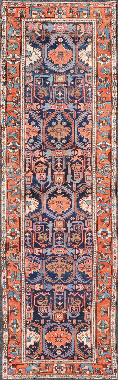 Colorful Antique Persian Bakhtiari Gallery Runner with All - Over Tribal Design. Keivan Woven Arts / rug EMB - 222191 - 15451, country of origin / type: Iran / Bakhtiari, circa 1920 Measures: 3'8 x 12'9 This beautiful antique Bakhtiari rug from Persia... - Keivan Woven ArtsEMB - 222191 - 15451 - 21143Rug