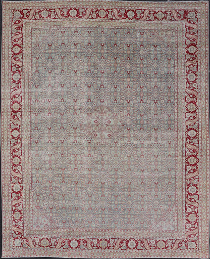 Antique Persian Tabriz Rug with All - Over Herati Design on Blue Field. Keivan Woven Arts / rug EMB - 222201 - 15458, country of origin / type: Iran / Tabriz , circa 1920. Measures: 10'5 x 13'5 This incredible antique distressed Persian Tabriz rug wa... - Keivan Woven ArtsEMB - 222201 - 15458 - 21149