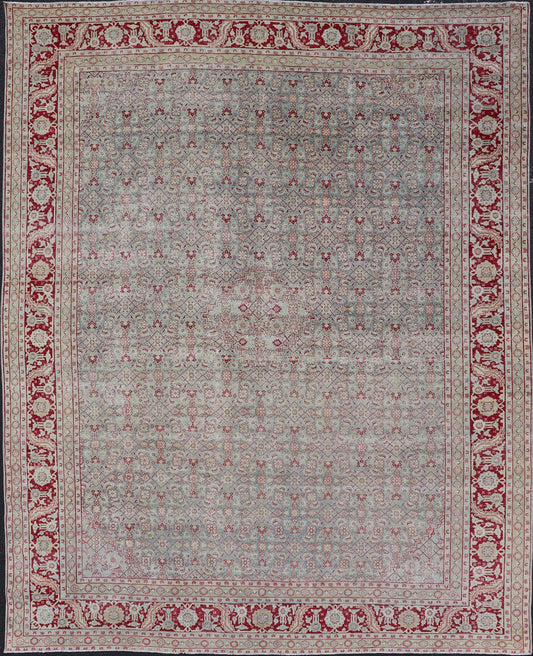 Antique Persian Tabriz Rug with All - Over Herati Design on Blue Field. Keivan Woven Arts / rug EMB - 222201 - 15458, country of origin / type: Iran / Tabriz , circa 1920. Measures: 10'5 x 13'5 This incredible antique distressed Persian Tabriz rug wa... - Keivan Woven ArtsEMB - 222201 - 15458 - 21149