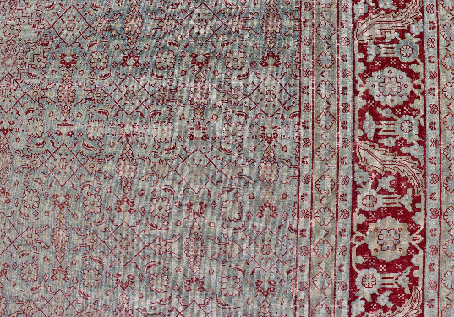 Antique Persian Tabriz Rug with All - Over Herati Design on Blue Field. Keivan Woven Arts / rug EMB - 222201 - 15458, country of origin / type: Iran / Tabriz , circa 1920. Measures: 10'5 x 13'5 This incredible antique distressed Persian Tabriz rug wa... - Keivan Woven ArtsEMB - 222201 - 15458 - 21149