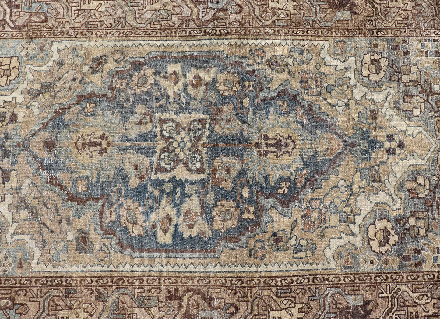Long Antique Persian Malayer Runner With Geometric Medallion Design in Blue, light brown, Taupe and Tan Measures: 3'5 x 15'3 Antique Persian Malayer Runner with Geometric tri - medallion Design. Keivan Woven Arts / rug EMB - 22221 - 15006, cou... - Keivan Woven ArtsEMB - 22221 - 15006 - 20295
