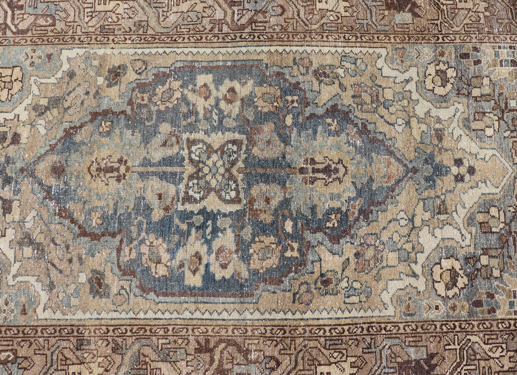 Long Antique Persian Malayer Runner With Geometric Medallion Design in Blue, light brown, Taupe and Tan Measures: 3'5 x 15'3 Antique Persian Malayer Runner with Geometric tri - medallion Design. Keivan Woven Arts / rug EMB - 22221 - 15006, cou... - Keivan Woven ArtsEMB - 22221 - 15006 - 20295