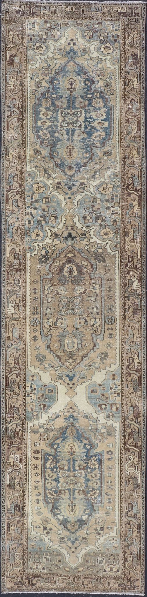 Long Antique Persian Malayer Runner With Geometric Medallion Design in Blue, light brown, Taupe and Tan Measures: 3'5 x 15'3 Antique Persian Malayer Runner with Geometric tri - medallion Design. Keivan Woven Arts / rug EMB - 22221 - 15006, cou... - Keivan Woven ArtsEMB - 22221 - 15006 - 20295