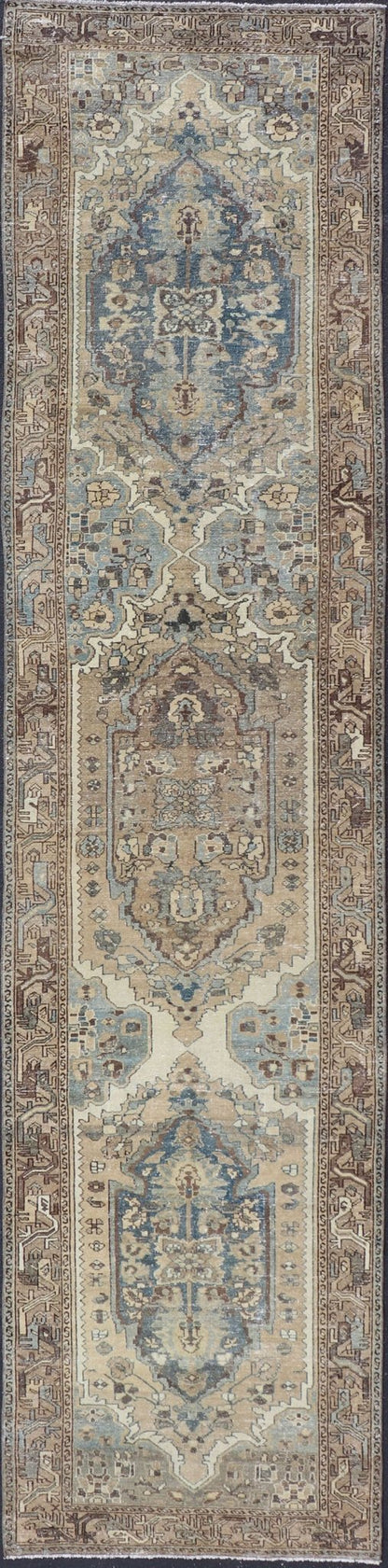 Long Antique Persian Malayer Runner With Geometric Medallion Design in Blue, light brown, Taupe and Tan Measures: 3'5 x 15'3 Antique Persian Malayer Runner with Geometric tri - medallion Design. Keivan Woven Arts / rug EMB - 22221 - 15006, cou... - Keivan Woven ArtsEMB - 22221 - 15006 - 20295