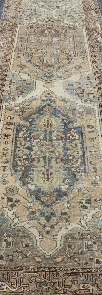 Long Antique Persian Malayer Runner With Geometric Medallion Design in Blue, light brown, Taupe and Tan Measures: 3'5 x 15'3 Antique Persian Malayer Runner with Geometric tri - medallion Design. Keivan Woven Arts / rug EMB - 22221 - 15006, cou... - Keivan Woven ArtsEMB - 22221 - 15006 - 20295Rug