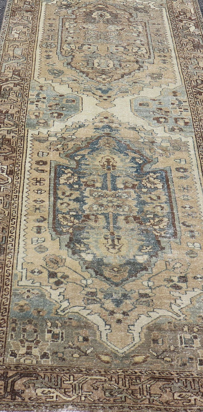 Long Antique Persian Malayer Runner With Geometric Medallion Design in Blue, light brown, Taupe and Tan Measures: 3'5 x 15'3 Antique Persian Malayer Runner with Geometric tri - medallion Design. Keivan Woven Arts / rug EMB - 22221 - 15006, cou... - Keivan Woven ArtsEMB - 22221 - 15006 - 20295