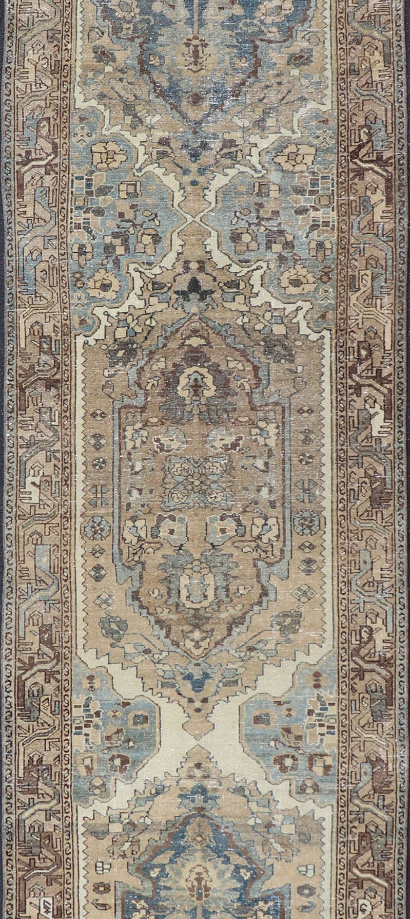 Long Antique Persian Malayer Runner With Geometric Medallion Design in Blue, light brown, Taupe and Tan Measures: 3'5 x 15'3 Antique Persian Malayer Runner with Geometric tri - medallion Design. Keivan Woven Arts / rug EMB - 22221 - 15006, cou... - Keivan Woven ArtsEMB - 22221 - 15006 - 20295