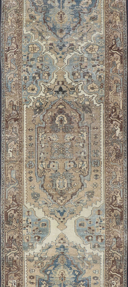 Long Antique Persian Malayer Runner With Geometric Medallion Design in Blue, light brown, Taupe and Tan Measures: 3'5 x 15'3 Antique Persian Malayer Runner with Geometric tri - medallion Design. Keivan Woven Arts / rug EMB - 22221 - 15006, cou... - Keivan Woven ArtsEMB - 22221 - 15006 - 20295