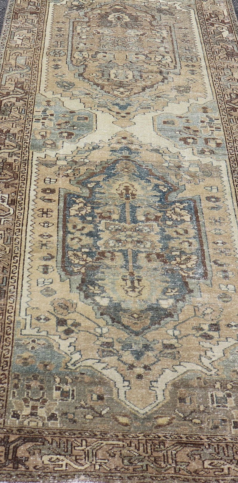 Long Antique Persian Malayer Runner With Geometric Medallion Design in Blue, light brown, Taupe and Tan Measures: 3'5 x 15'3 Antique Persian Malayer Runner with Geometric tri - medallion Design. Keivan Woven Arts / rug EMB - 22221 - 15006, cou... - Keivan Woven ArtsEMB - 22221 - 15006 - 20295Rug