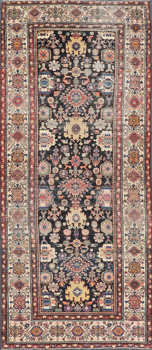 Antique N.W. Persian Large Gallery Rug in navy Blue Background and All - Over Design. Country of Origin: Iran; Type: N.W. Persian; Design: Floral; Keivan Woven Arts: rug/ EMB - 222222 - 15468,.Early 20th century 1900 Measures: 5'2 x 12'10 This... - Keivan Woven ArtsEMB - 222222 - 15468 - 24199Rug