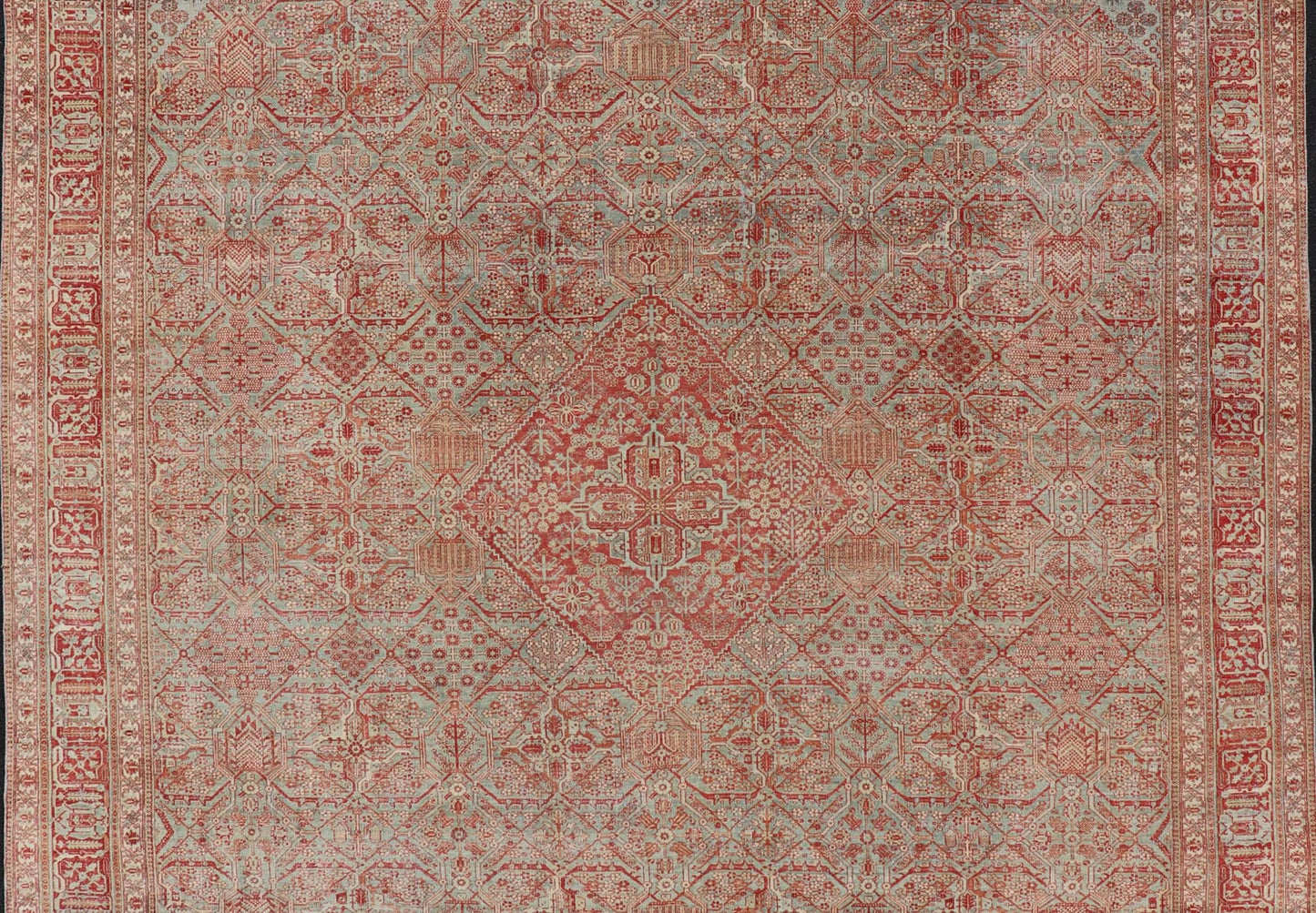 Antique Persian Joshegan Rug in Red, Light Blue, and Cream With Medallion. Keivan Woven Arts / rug EMB - 22223 - 15459, country of origin / type: Iran / Joshegan, circa 1920. Measures: 10'9 x 14'6 This finely woven antique Persian Joshegan rug from ... - Keivan Woven ArtsEMB - 22223 - 15459 - 21161