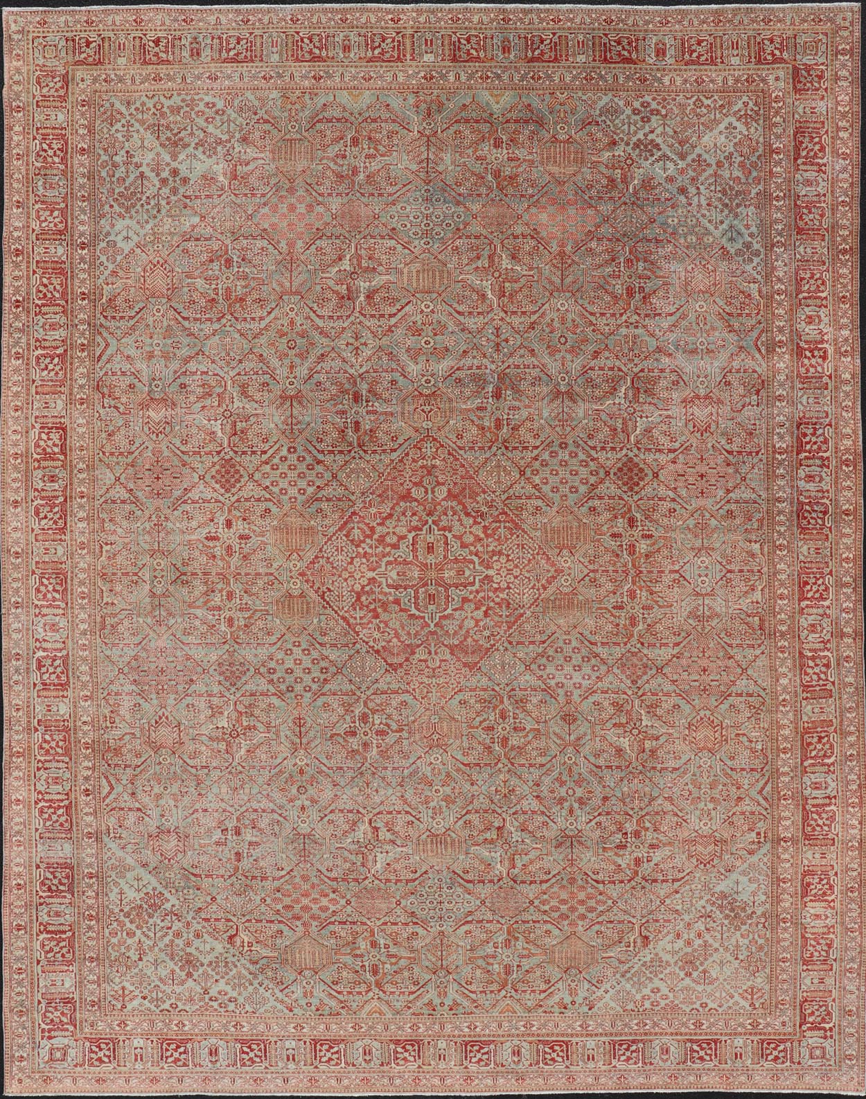 Antique Persian Joshegan Rug in Red, Light Blue, and Cream With Medallion. Keivan Woven Arts / rug EMB - 22223 - 15459, country of origin / type: Iran / Joshegan, circa 1920. Measures: 10'9 x 14'6 This finely woven antique Persian Joshegan rug from ... - Keivan Woven ArtsEMB - 22223 - 15459 - 21161