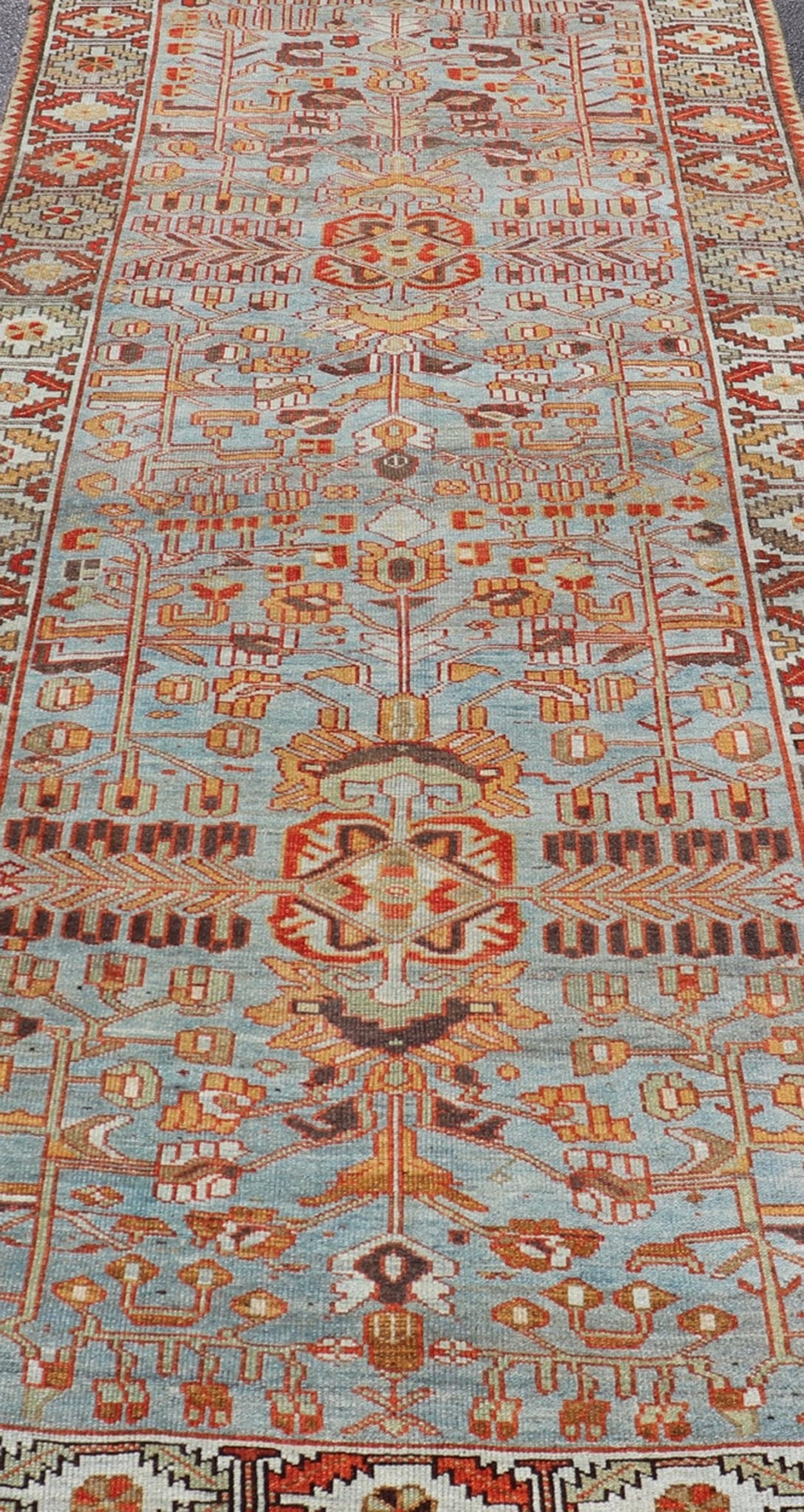 Antique Persian Kurdish Gallery Runner Rug in Wool with Tribal Medallion Design. Keivan Woven Arts; rug EMB - 22224 - 15469, country of origin / type: Iran / Kurdish, circa 1900. Measures: 4'11 x 11'9 This antique Persian Kurdish rug has been ha... - Keivan Woven ArtsEMB - 22224 - 15469 - 21167
