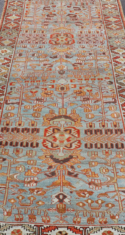 Antique Persian Kurdish Gallery Runner Rug in Wool with Tribal Medallion Design. Keivan Woven Arts; rug EMB - 22224 - 15469, country of origin / type: Iran / Kurdish, circa 1900. Measures: 4'11 x 11'9 This antique Persian Kurdish rug has been ha... - Keivan Woven ArtsEMB - 22224 - 15469 - 21167