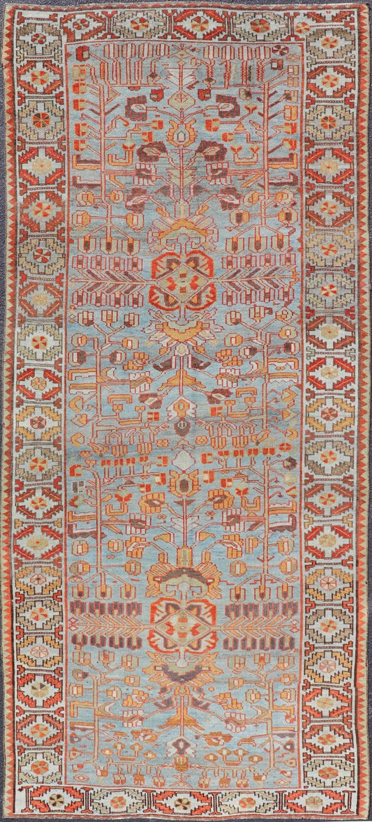 Antique Persian Kurdish Gallery Runner Rug in Wool with Tribal Medallion Design. Keivan Woven Arts; rug EMB - 22224 - 15469, country of origin / type: Iran / Kurdish, circa 1900. Measures: 4'11 x 11'9 This antique Persian Kurdish rug has been ha... - Keivan Woven ArtsEMB - 22224 - 15469 - 21167