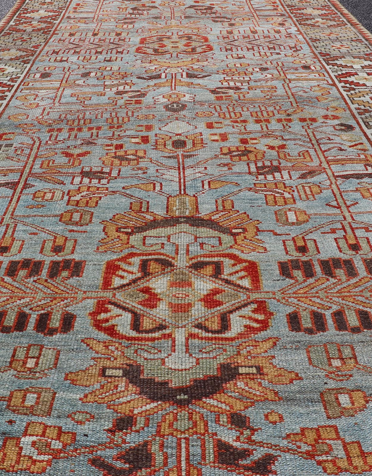 Antique Persian Kurdish Gallery Runner Rug in Wool with Tribal Medallion Design. Keivan Woven Arts; rug EMB - 22224 - 15469, country of origin / type: Iran / Kurdish, circa 1900. Measures: 4'11 x 11'9 This antique Persian Kurdish rug has been ha... - Keivan Woven ArtsEMB - 22224 - 15469 - 21167