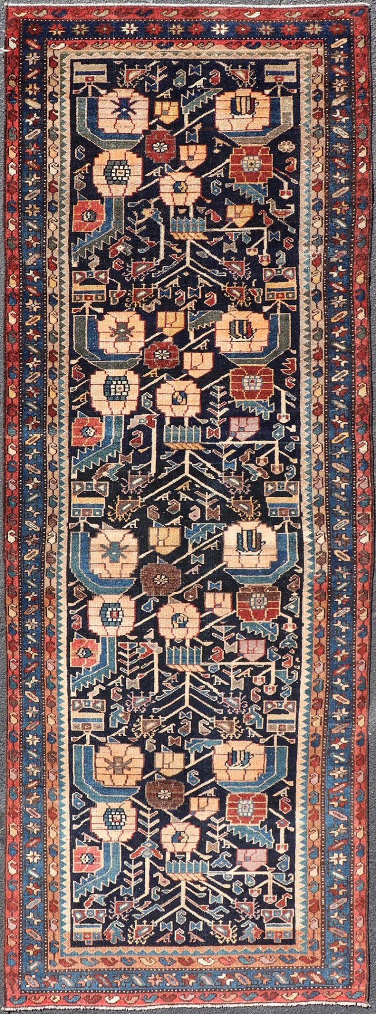 Antique Hamadan Runner in Blue Background Multi Colors With Tribal Motifs. Keivan Woven Arts / rug EMB - 22228 - 15461, country of origin / type: Iran / Hamadan, circa 1920Measures: 3'3 x 9'3 - Keivan Woven ArtsEMB - 22228 - 15461 - 21579Rug