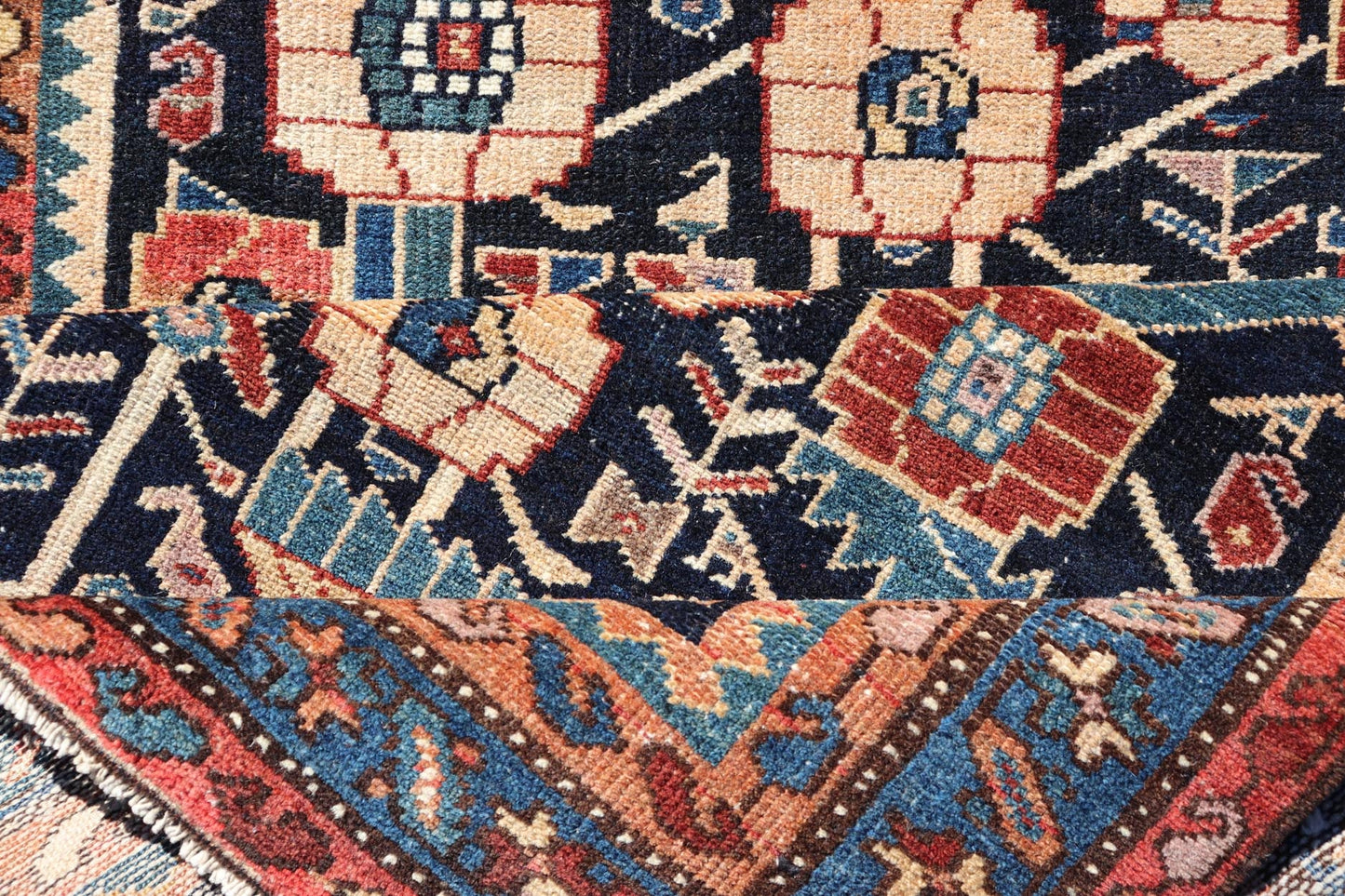 Antique Hamadan Runner in Blue Background Multi Colors With Tribal Motifs. Keivan Woven Arts / rug EMB - 22228 - 15461, country of origin / type: Iran / Hamadan, circa 1920Measures: 3'3 x 9'3 - Keivan Woven ArtsEMB - 22228 - 15461 - 21579Rug