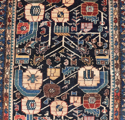 Antique Hamadan Runner in Blue Background Multi Colors With Tribal Motifs. Keivan Woven Arts / rug EMB - 22228 - 15461, country of origin / type: Iran / Hamadan, circa 1920Measures: 3'3 x 9'3 - Keivan Woven ArtsEMB - 22228 - 15461 - 21579Rug