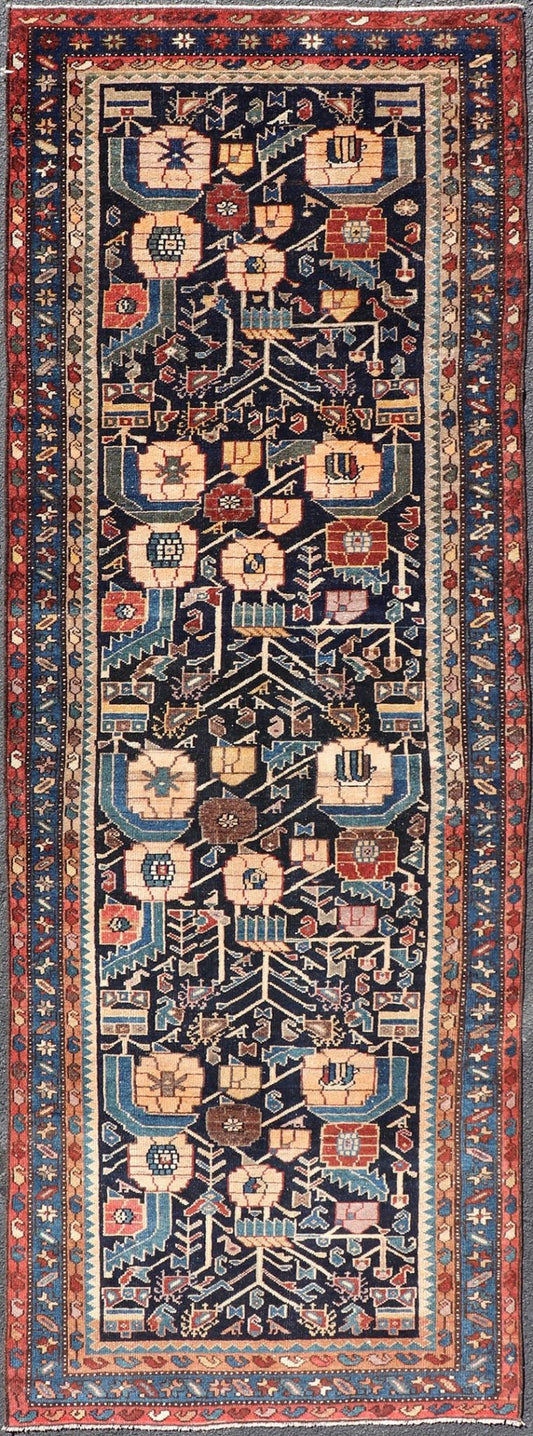 Antique Hamadan Runner in Blue Background Multi Colors With Tribal Motifs. Keivan Woven Arts / rug EMB - 22228 - 15461, country of origin / type: Iran / Hamadan, circa 1920Measures: 3'3 x 9'3 - Keivan Woven ArtsEMB - 22228 - 15461 - 21579