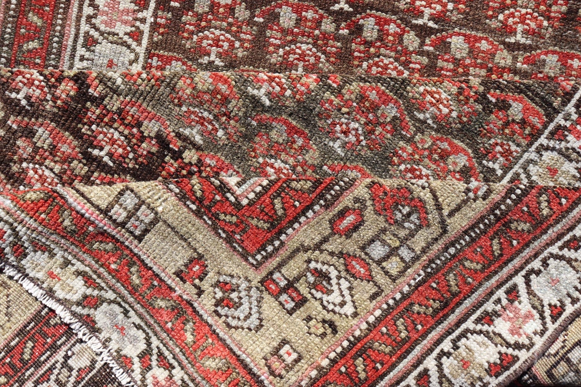 Antique Kurdish Gallery Runner with All - Over Paisley Design in Brown, Red, Green. Keivan Woven Arts / rug EMB - 22230 - 15466, country of origin / type: Iran / Kurdish, circa 1920. Measures: 4'3 x 10'1 This Kurdish gallery runner from early 20th cen... - Keivan Woven ArtsEMB - 22230 - 15466 - 21591