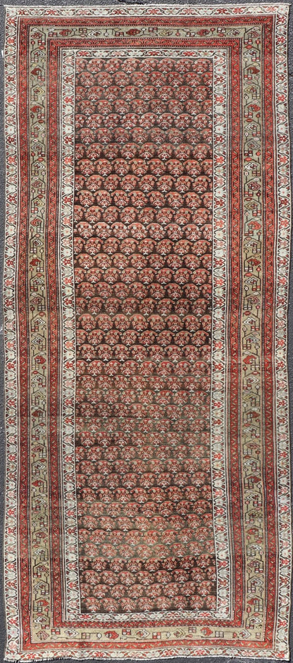 Antique Kurdish Gallery Runner with All - Over Paisley Design in Brown, Red, Green. Keivan Woven Arts / rug EMB - 22230 - 15466, country of origin / type: Iran / Kurdish, circa 1920. Measures: 4'3 x 10'1 This Kurdish gallery runner from early 20th cen... - Keivan Woven ArtsEMB - 22230 - 15466 - 21591