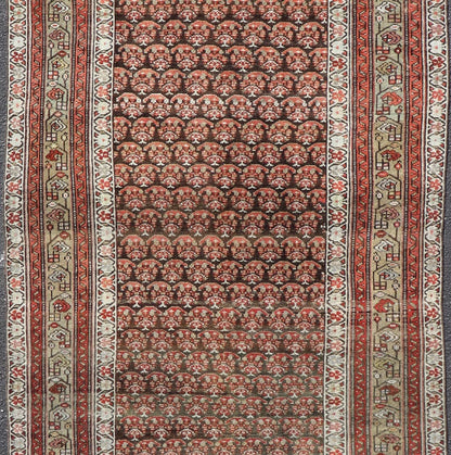 Antique Kurdish Gallery Runner with All - Over Paisley Design in Brown, Red, Green. Keivan Woven Arts / rug EMB - 22230 - 15466, country of origin / type: Iran / Kurdish, circa 1920. Measures: 4'3 x 10'1 This Kurdish gallery runner from early 20th cen... - Keivan Woven ArtsEMB - 22230 - 15466 - 21591