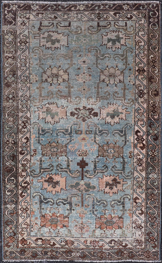 Measures: 2'11 x 4'11 The rug's central field is characterized by a soft blue background with intricate geometric and floral motifs in shades of beige, brown, and cream. The symmetrical patterns include stylized flowers and abstract shapes, creatin... - Keivan Woven ArtsEMB - 22238 - 22472Rug