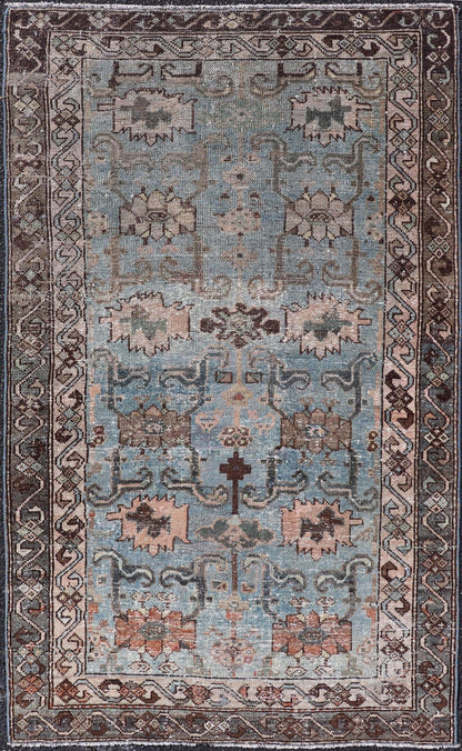 Measures: 2'11 x 4'11 The rug's central field is characterized by a soft blue background with intricate geometric and floral motifs in shades of beige, brown, and cream. The symmetrical patterns include stylized flowers and abstract shapes, creatin... - Keivan Woven ArtsEMB - 22238 - 22472