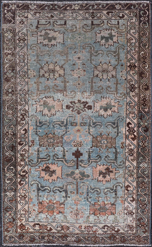 Measures: 2'11 x 4'11 The rug's central field is characterized by a soft blue background with intricate geometric and floral motifs in shades of beige, brown, and cream. The symmetrical patterns include stylized flowers and abstract shapes, creatin... - Keivan Woven ArtsEMB - 22238 - 22472