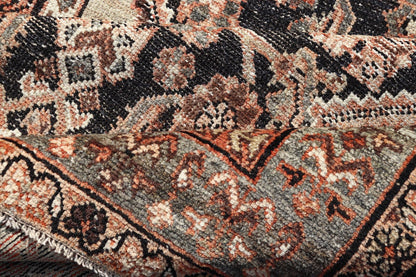 Measures: 3'6 x 6'4 The rug's central field features a dark background adorned with detailed floral and geometric motifs in shades of beige, brown, and soft orange. The design is symmetrical, with a central medallion and repeating patterns that cre... - Keivan Woven ArtsEMB - 22239 - 22478