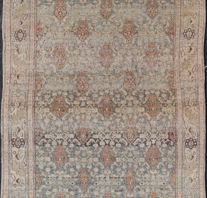 Antique Bidjar Persian Rug in Lt. Blue, Lt. Gray & Red by Keivan Woven Arts. Measures: 4'8 x 8'10 Antique Kurdish Persian rug with all over Herati design. Keivan Woven Arts/ rug /EMB - 22244, country of origin / type: Iran / Kurdish Bidjar... - Keivan Woven ArtsEMB - 22244 - 22502