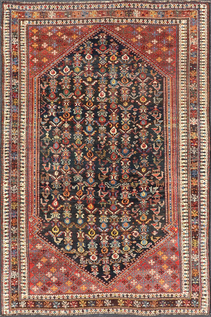 Measures: 5'7 x 8'10 This Qashgai rug has rich heritage and intricate design characteristic of this nomadic tribe from southwestern Iran. The rug features a dense, dark blue field adorned with a myriad of vibrant, detailed motifs, including ani... - Keivan Woven ArtsEMB - 22245 - 22508