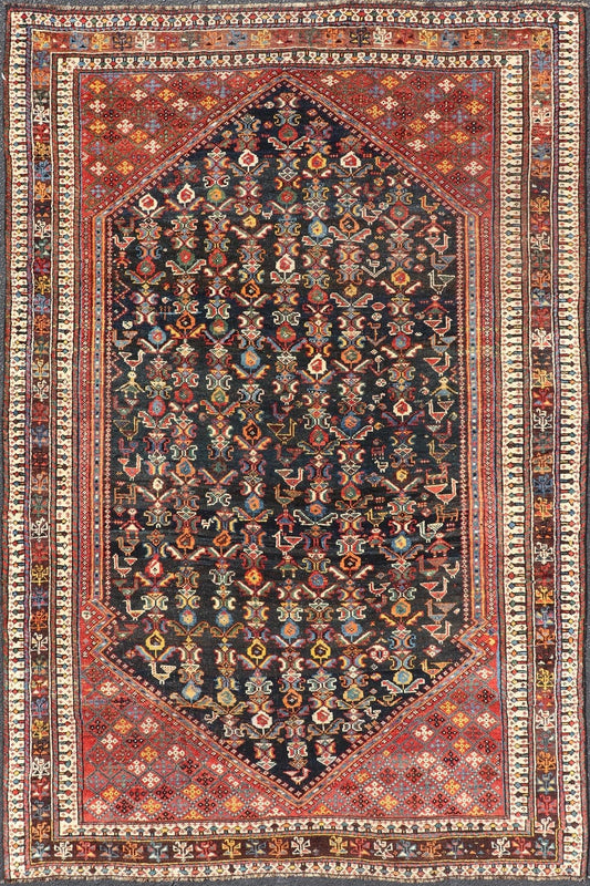 Measures: 5'7 x 8'10 This Qashgai rug has rich heritage and intricate design characteristic of this nomadic tribe from southwestern Iran. The rug features a dense, dark blue field adorned with a myriad of vibrant, detailed motifs, including ani... - Keivan Woven ArtsEMB - 22245 - 22508