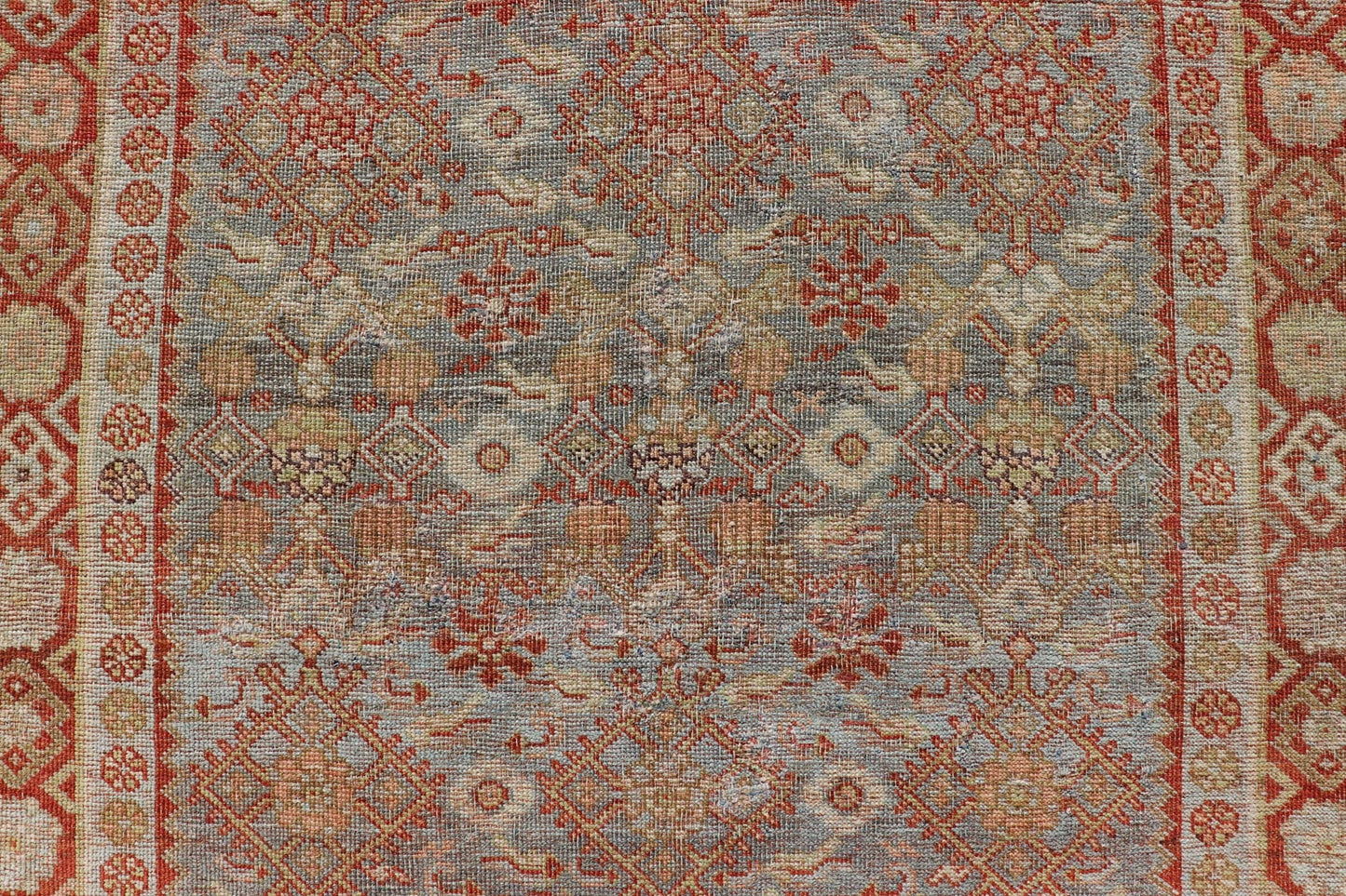 Measures: 4'3 x 7'5 This exquisite Antique Bidjar rug exemplifies the grandeur and meticulous craftsmanship synonymous with one of the most durable Persian carpets. The rug features a harmonious blend of sky blue and rusty red hues, providing a stu... - Keivan Woven ArtsEMB - 22246 - 22514Rug