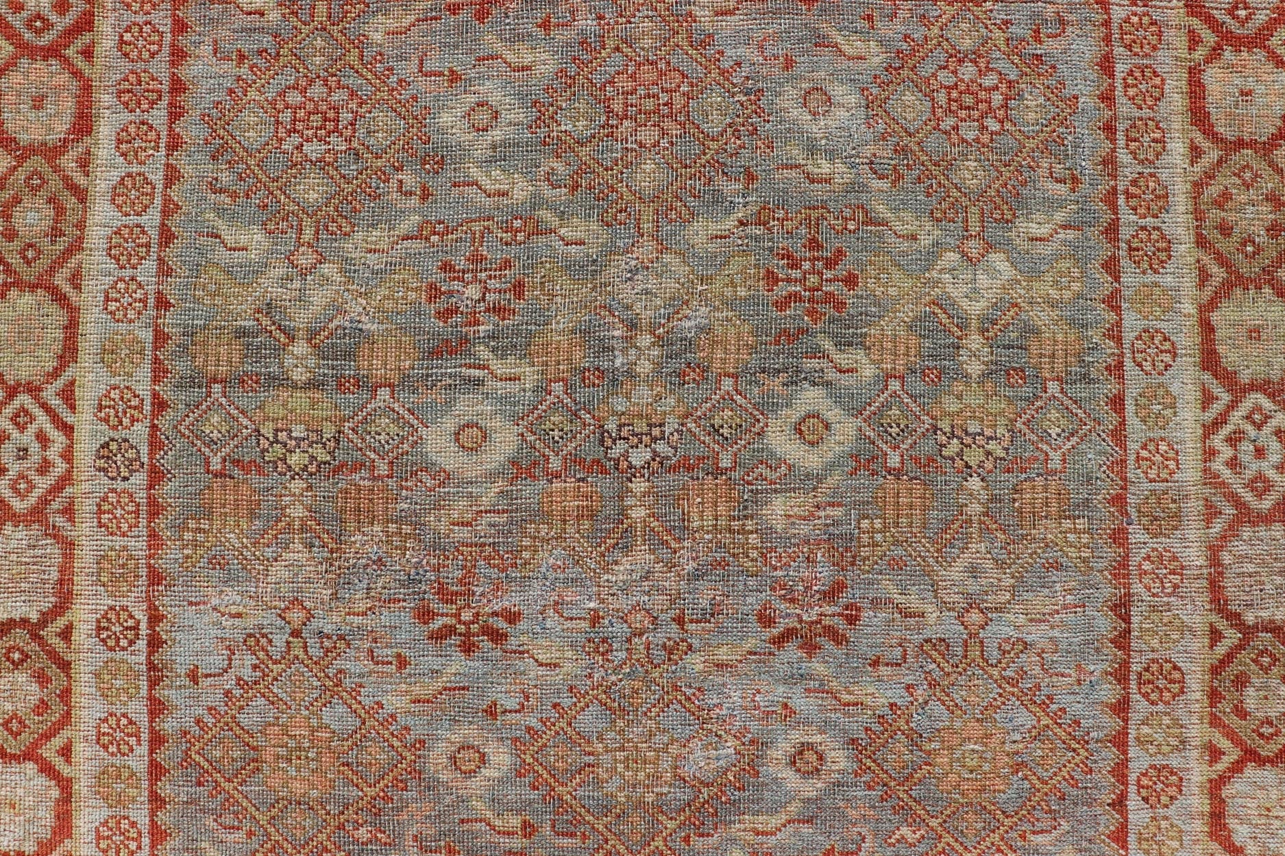 Measures: 4'3 x 7'5 This exquisite Antique Bidjar rug exemplifies the grandeur and meticulous craftsmanship synonymous with one of the most durable Persian carpets. The rug features a harmonious blend of sky blue and rusty red hues, providing a stu... - Keivan Woven ArtsEMB - 22246 - 22514Rug