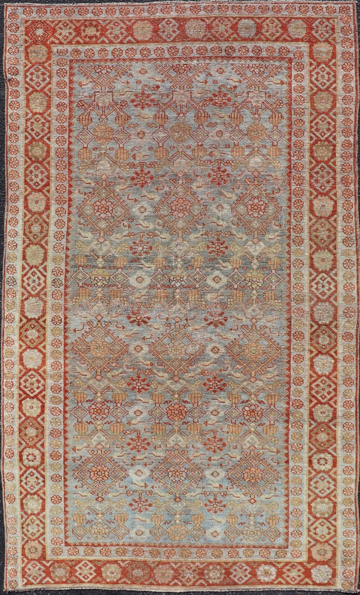 Measures: 4'3 x 7'5 This exquisite Antique Bidjar rug exemplifies the grandeur and meticulous craftsmanship synonymous with one of the most durable Persian carpets. The rug features a harmonious blend of sky blue and rusty red hues, providing a stu... - Keivan Woven ArtsEMB - 22246 - 22514Rug