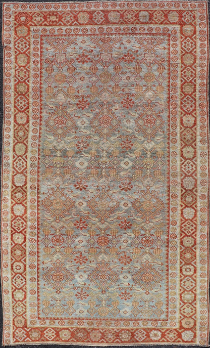 Measures: 4'3 x 7'5 This exquisite Antique Bidjar rug exemplifies the grandeur and meticulous craftsmanship synonymous with one of the most durable Persian carpets. The rug features a harmonious blend of sky blue and rusty red hues, providing a stu... - Keivan Woven ArtsEMB - 22246 - 22514Rug