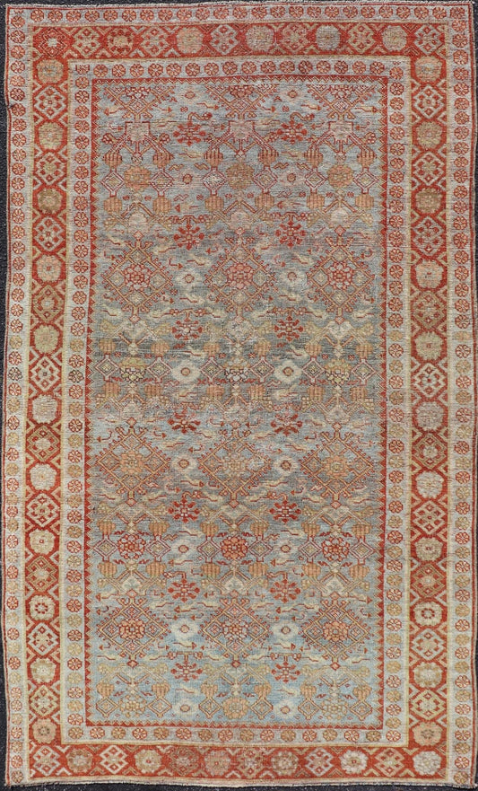 Measures: 4'3 x 7'5 This exquisite Antique Bidjar rug exemplifies the grandeur and meticulous craftsmanship synonymous with one of the most durable Persian carpets. The rug features a harmonious blend of sky blue and rusty red hues, providing a stu... - Keivan Woven ArtsEMB - 22246 - 22514Rug