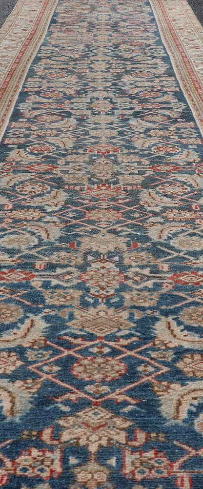 Measures: 3'1 x 16'6 Antique Malayer Persian Long Runner With All - Over Design In Blue and Tan. Keivan Woven Arts/ rug/EMB - 22256, country of origin / type: Iran / Malayer, circa 1920 This exquisite antique Malayer runner showcases the distinc... - Keivan Woven ArtsEMB - 22256 - 22556Rug